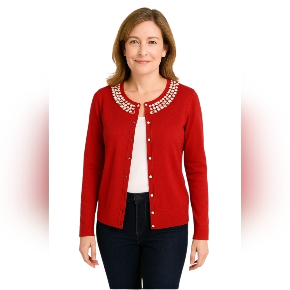 Kate Spade Silk Cashmere Pearl Detail Button Front Cardigan Sweater in Red